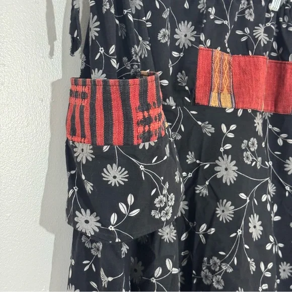 Harem Drop Crotch Thai Pants Black Floral Size Medium Gypsy Hippie Aladdin Hmong - Picture 3 of 11